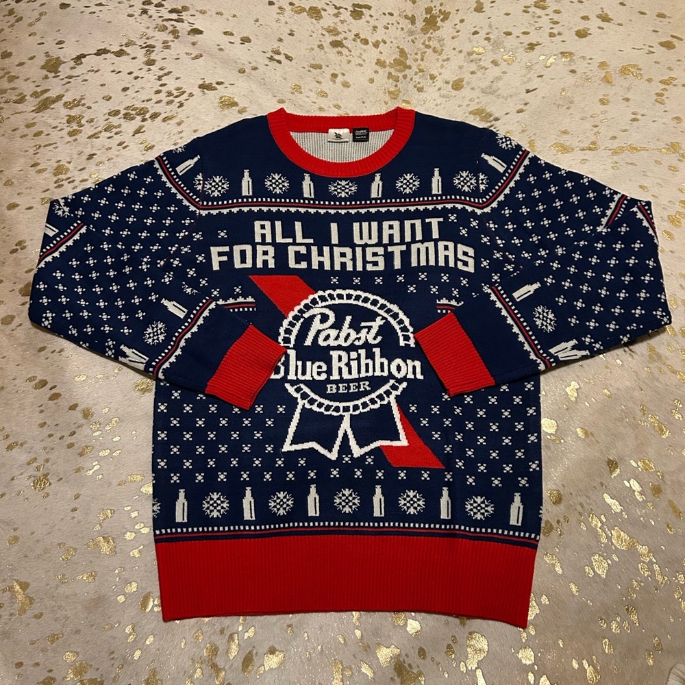 Pabst Blue Ribbon Men's Christmas Sweater - Navy and Red